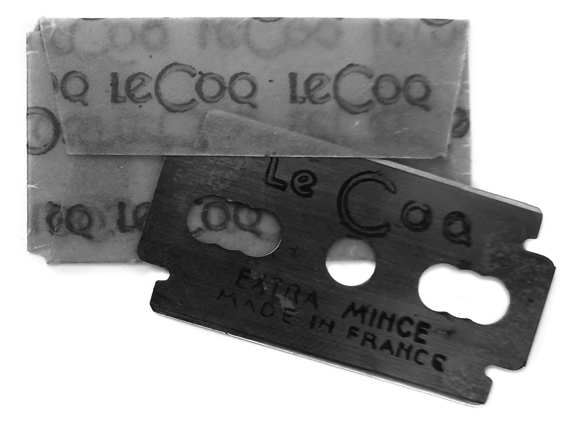 Extra-thin Le Coq razor blades made in France and bought in large quantities by Raymond.